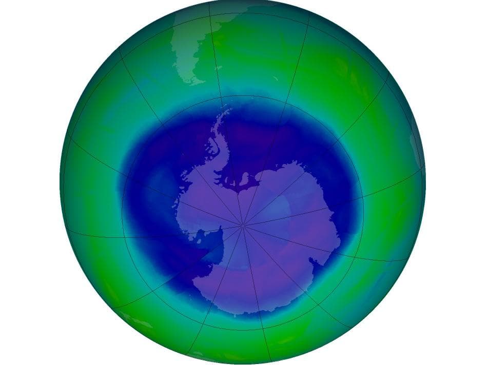 NASA visualization of the Antarctic ozone hole with blue and purple colors over Antarctica.