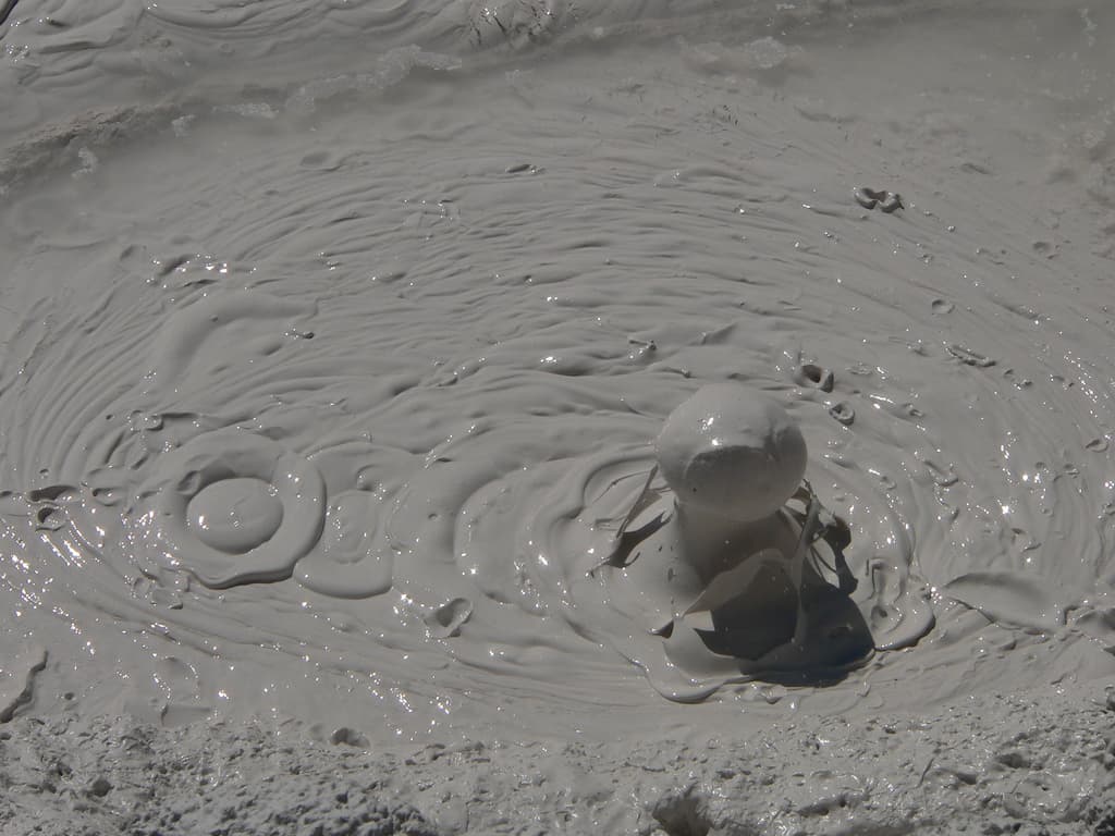 A gray Yellowstone mudpot with wet bubbling mud inside a mineral-rimmed basin.