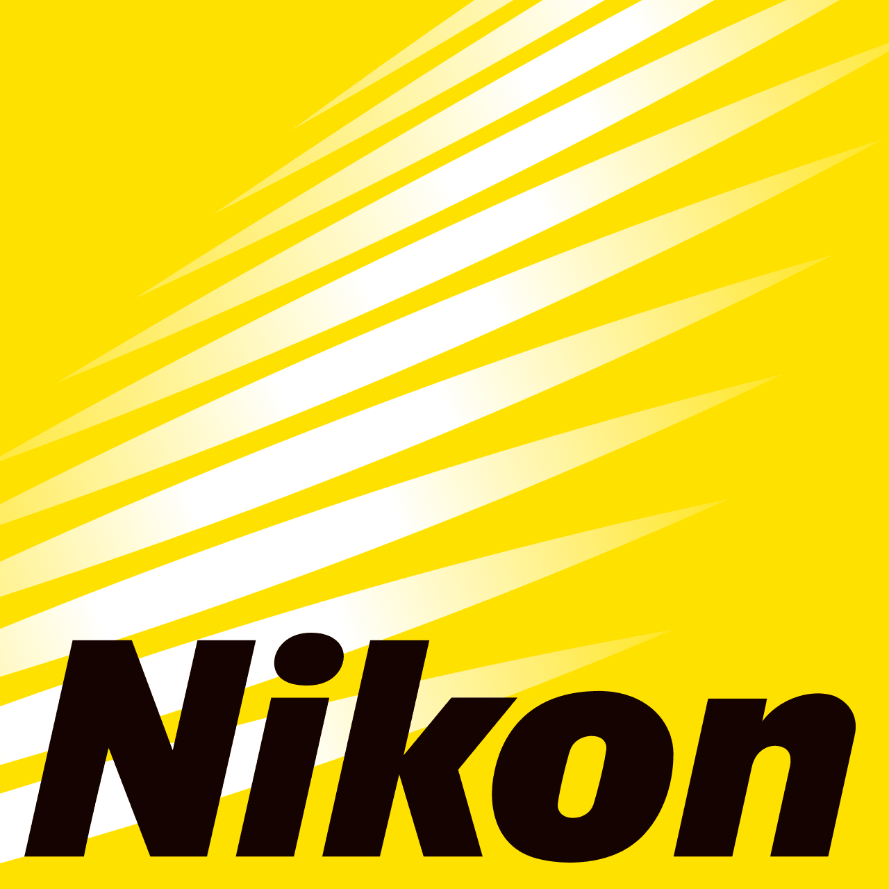 Nikon logo in black on a yellow striped square.
