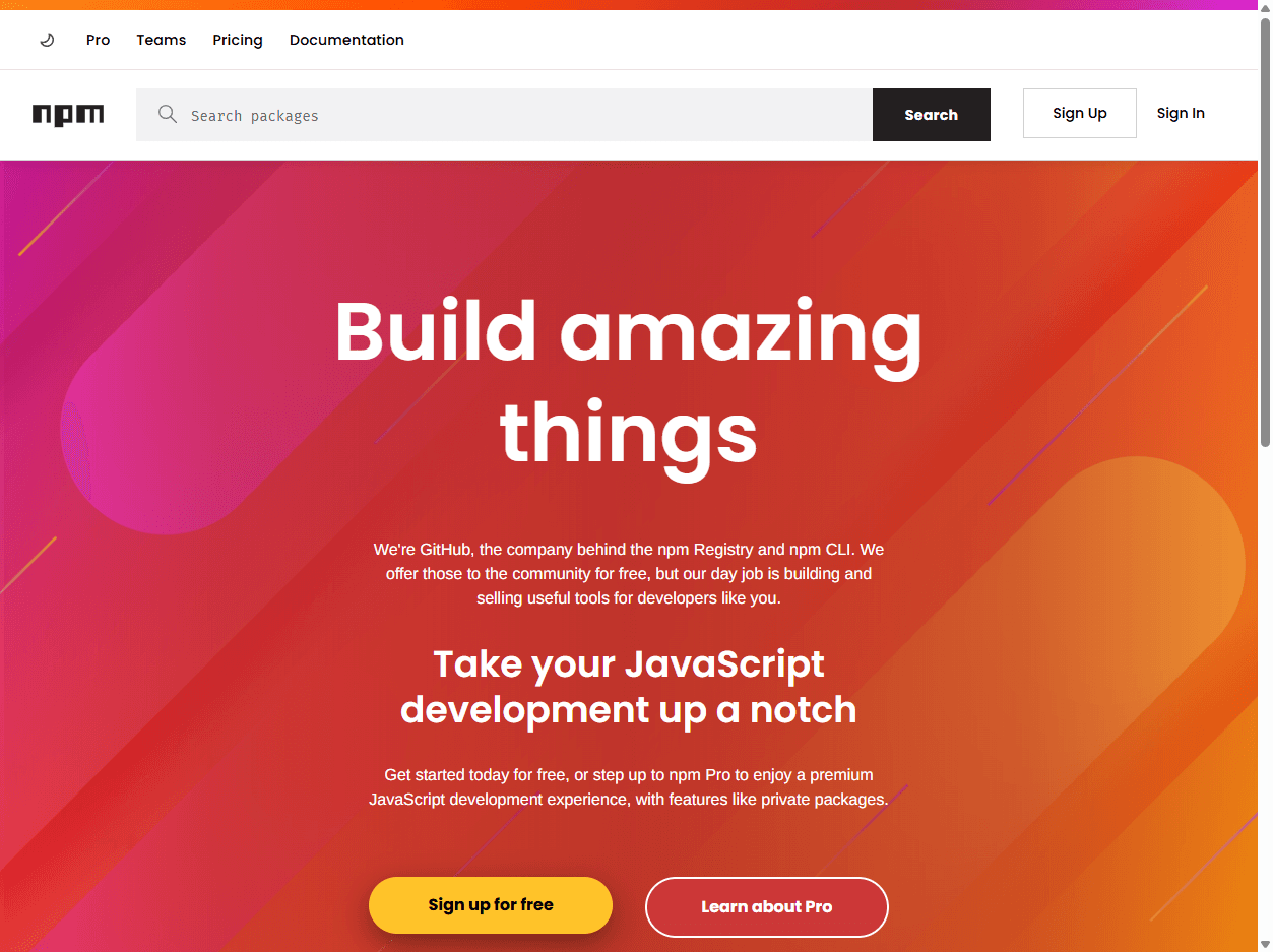 npm homepage screenshot showing the JavaScript package registry, package search, developer publishing, and open-source module discovery.