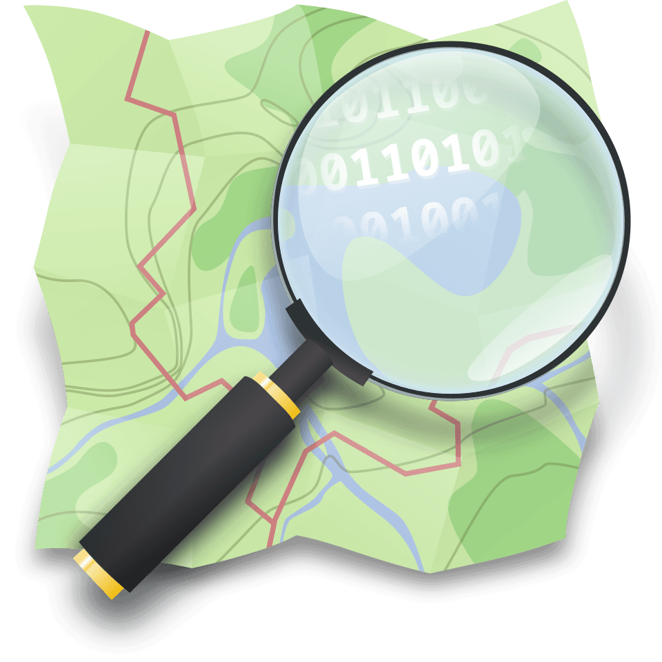 OpenStreetMap logo showing a magnifying glass over a folded map.
