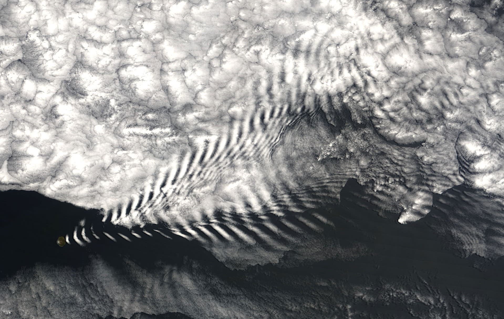 NASA satellite image of wave clouds forming downwind of an island as air flows over terrain.