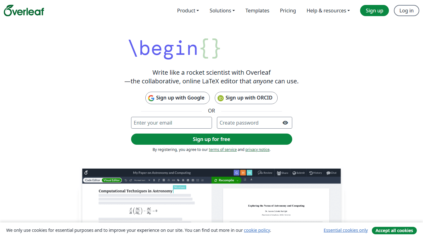 Overleaf homepage screenshot of the official website interface
