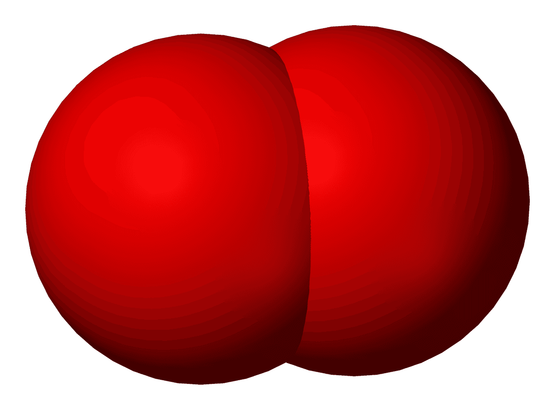 A space-filling model of a dioxygen molecule made of two oxygen atoms.