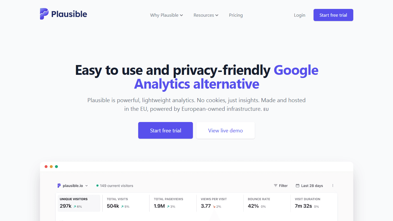 Plausible homepage screenshot of the official website interface