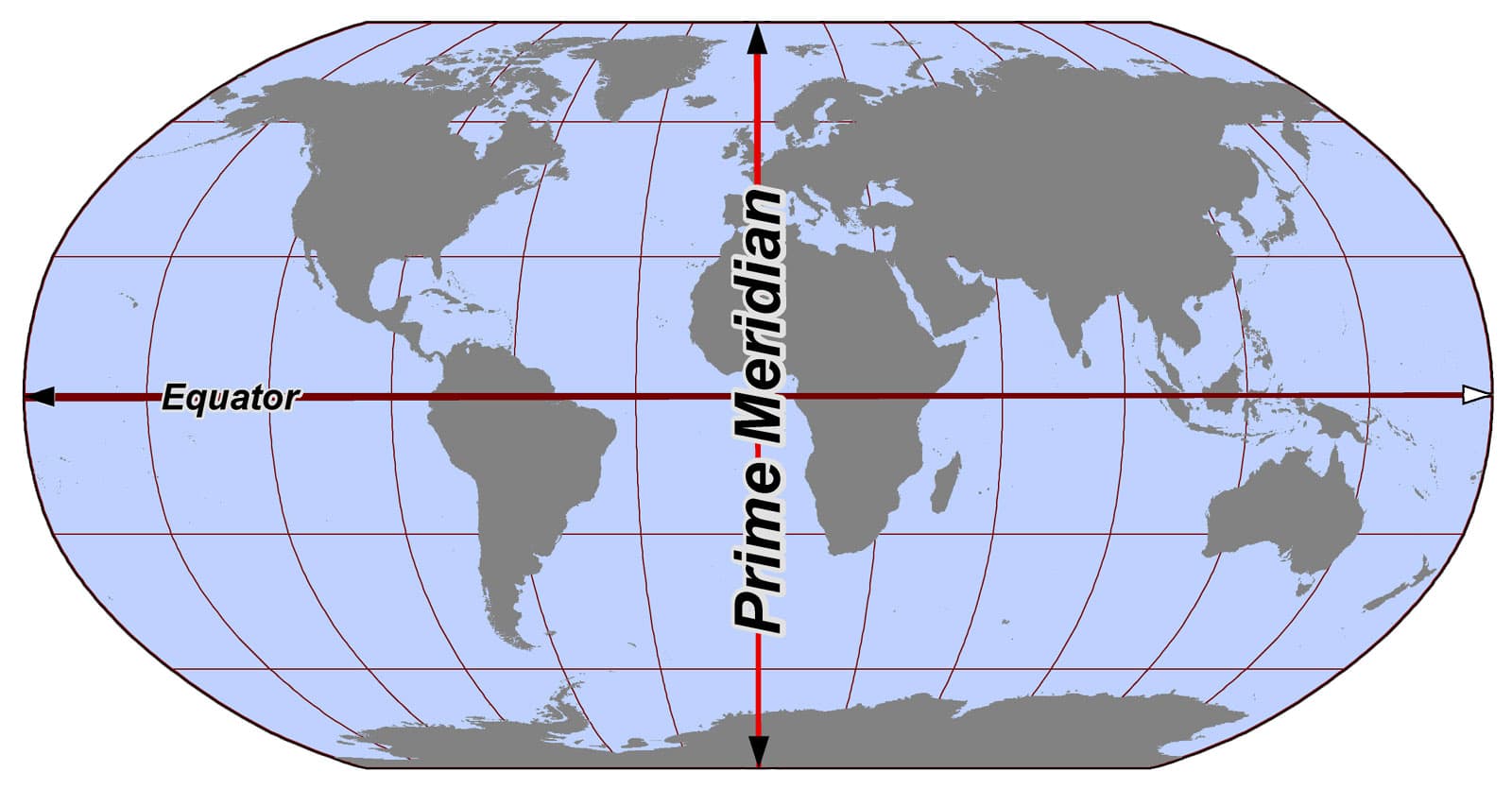 World map showing the Prime Meridian and Equator as red reference lines.