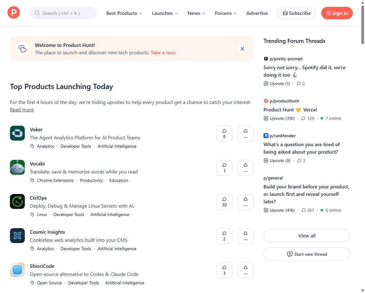 Product Hunt homepage screenshot showing product discovery, launch listings, and voting-oriented navigation.