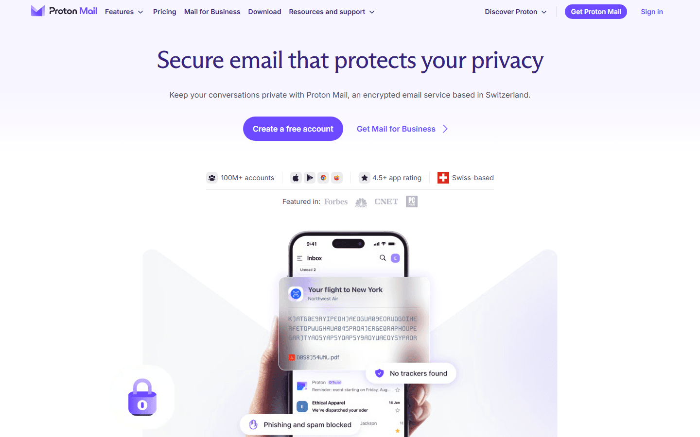 Proton Mail homepage screenshot showing secure email that protects your privacy, account creation buttons, app badges, and a phone mail preview.