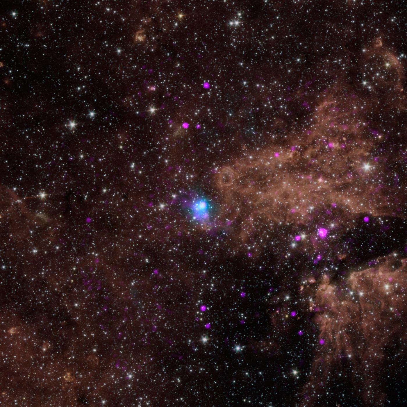 A purple and white X-ray image showing a pulsar and surrounding emission in space.