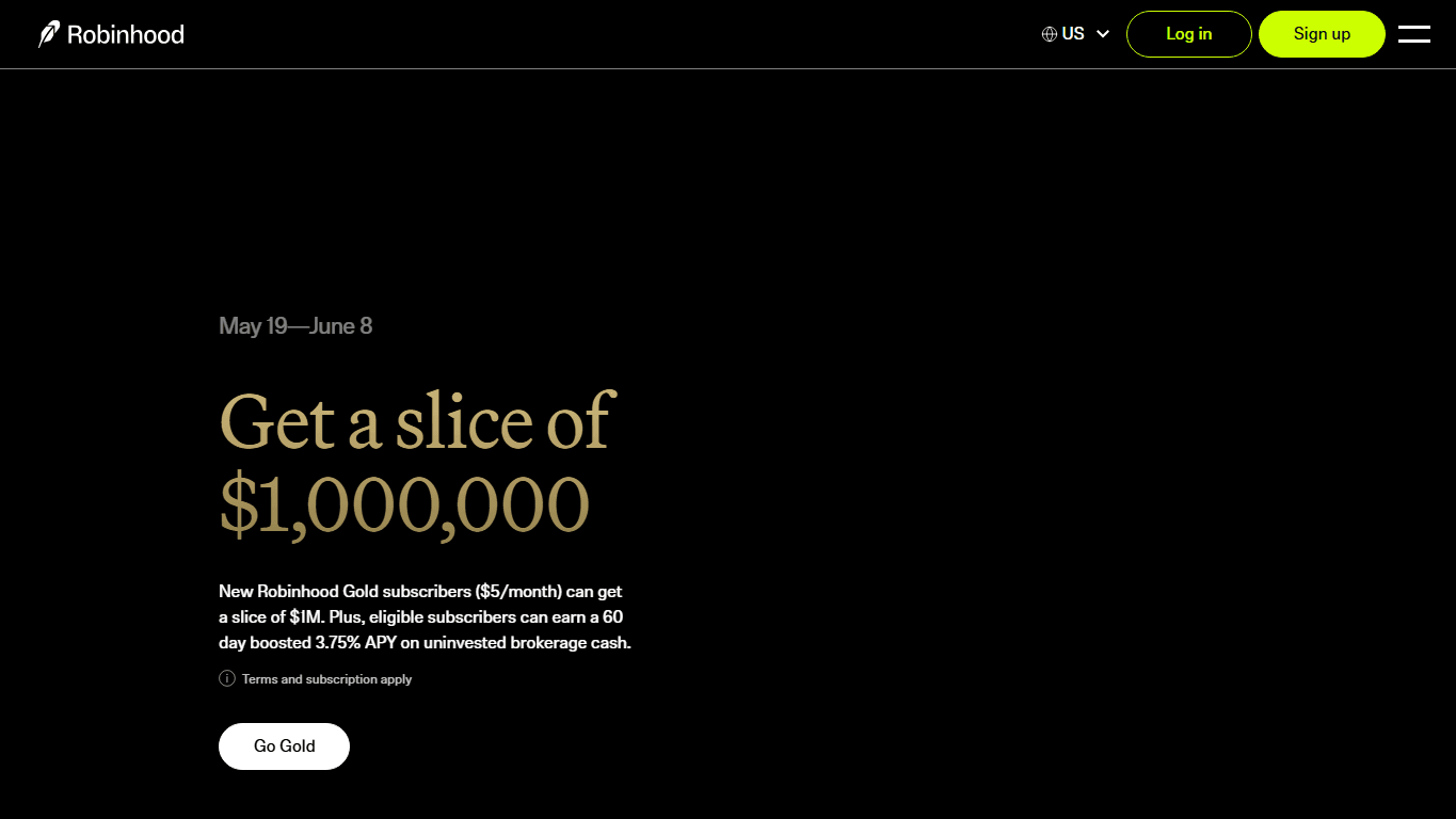 Robinhood homepage screenshot of the official website interface