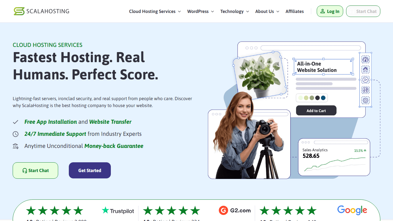 ScalaHosting homepage screenshot of the official website interface