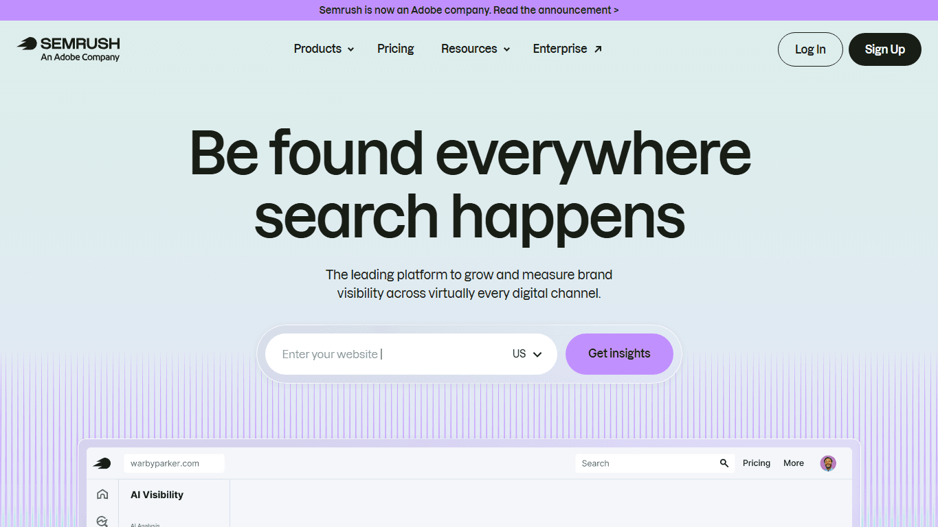Semrush homepage screenshot of the official website interface