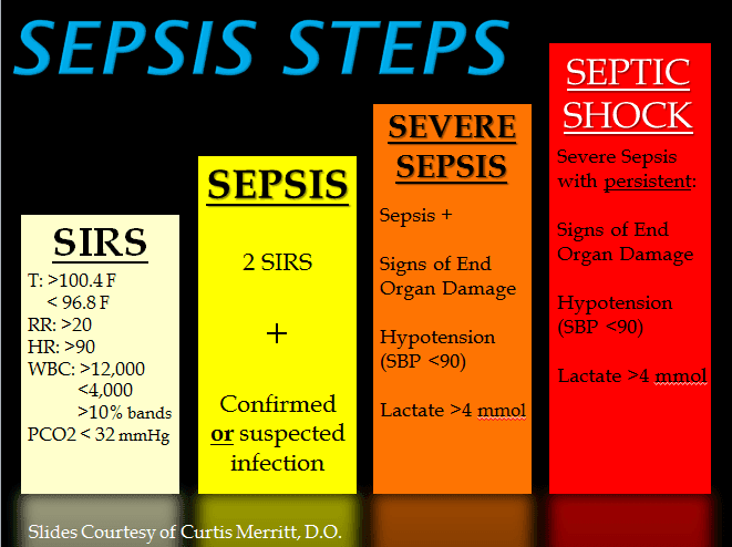 Teaching diagram showing progression from infection to sepsis and septic shock.