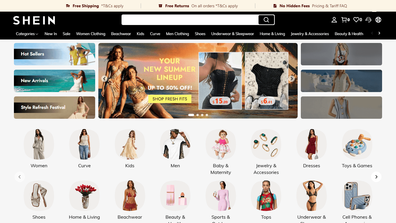 SHEIN homepage screenshot of the official website interface