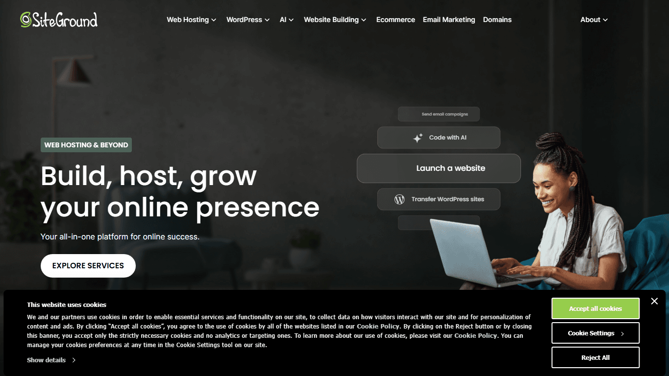 SiteGround homepage screenshot of the official website interface