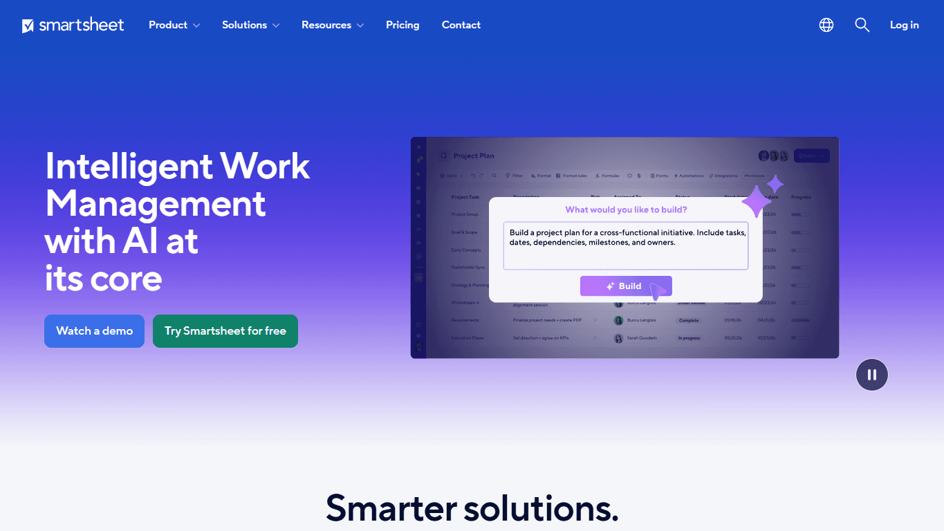 Smartsheet homepage screenshot of the official website interface