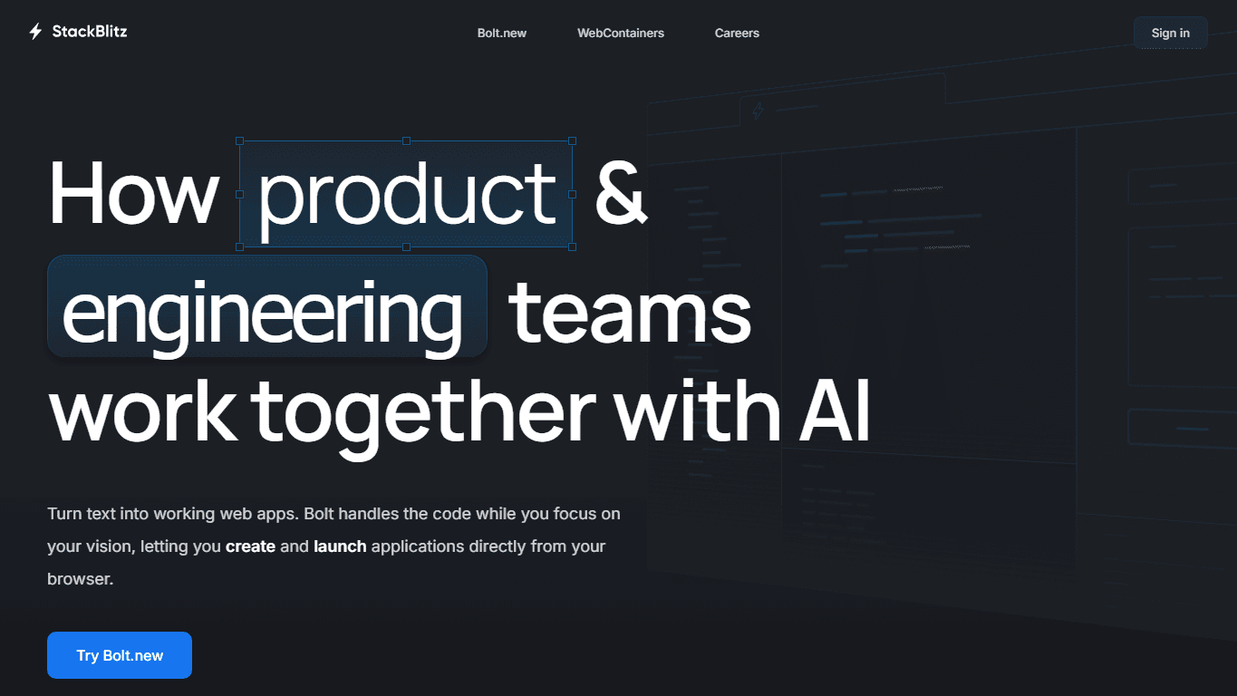 StackBlitz homepage screenshot of the official website interface