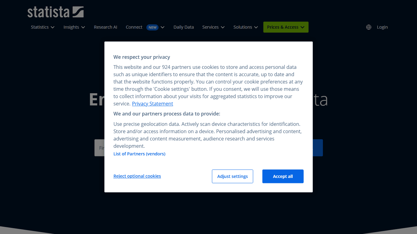Statista homepage screenshot of the official website interface