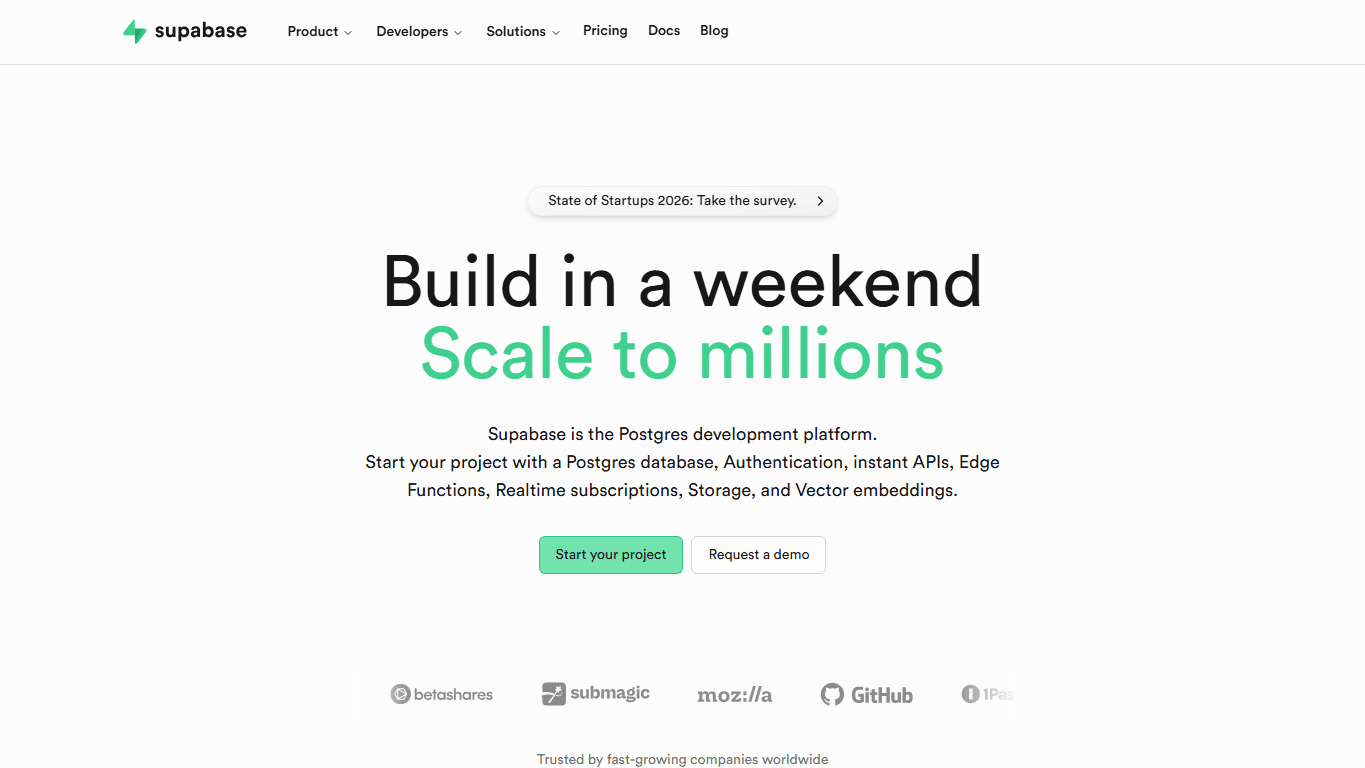 Supabase homepage screenshot of the official website interface