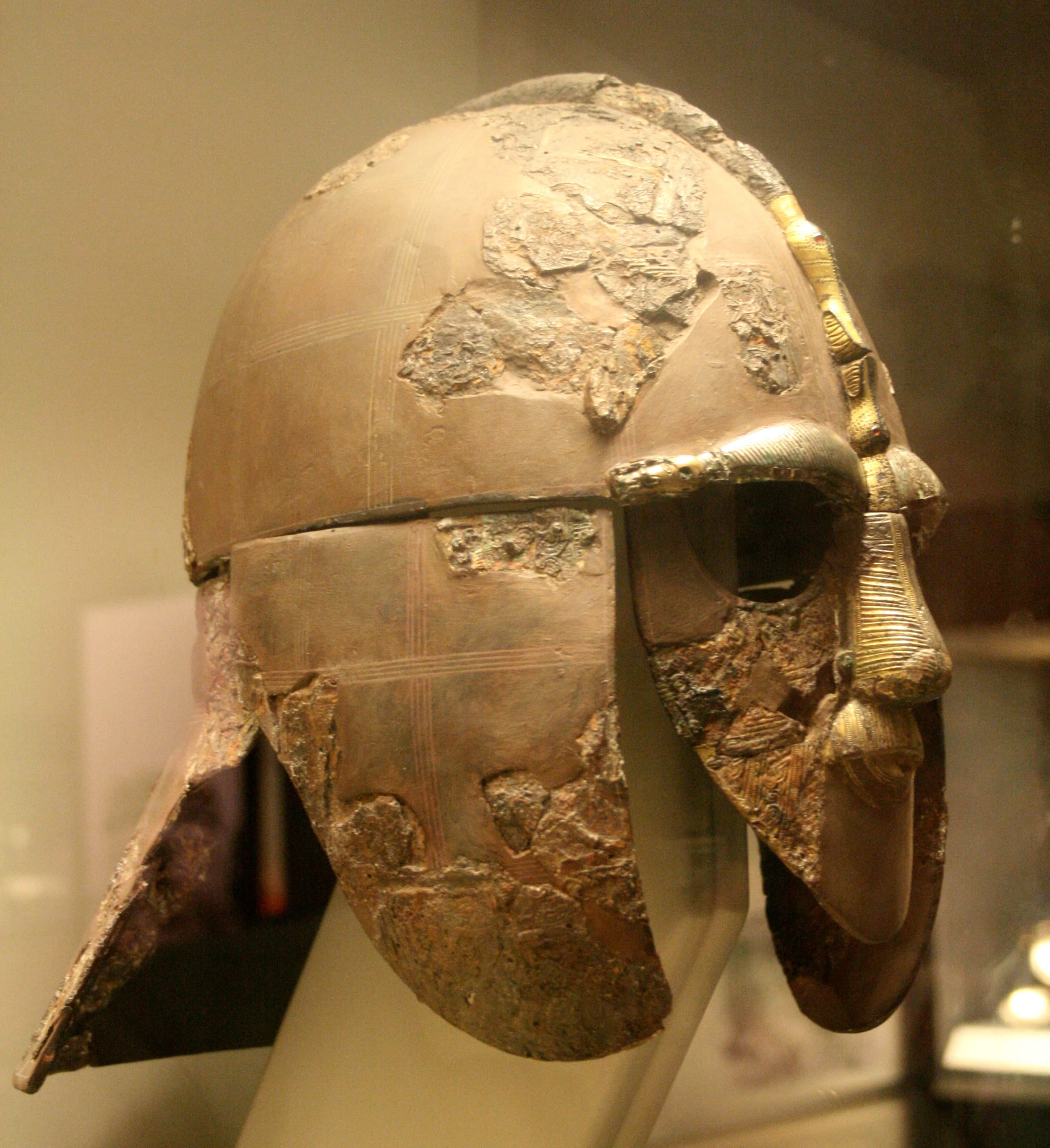Original Sutton Hoo helmet from the Anglo-Saxon ship burial, displayed at the British Museum.
