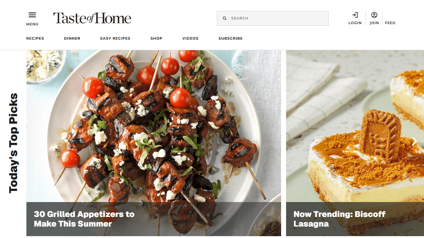 Taste of Home homepage screenshot of the official website interface