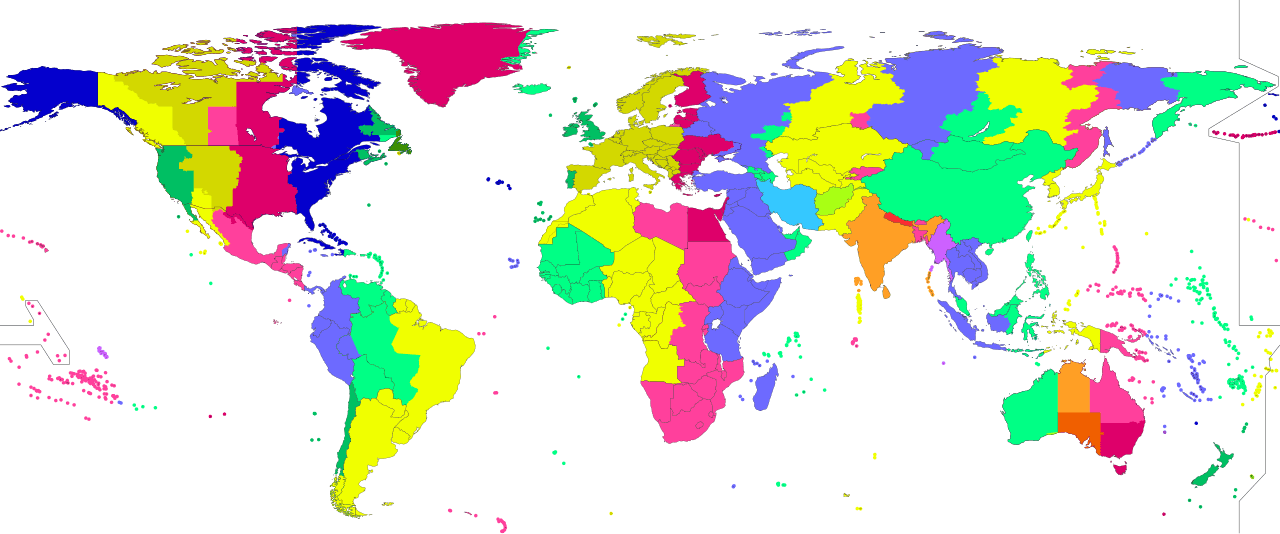 World map colored by time-zone offsets from UTC.
