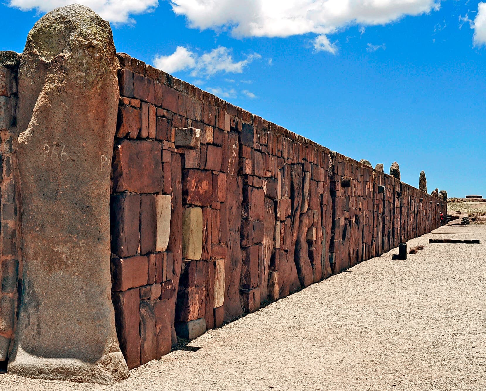 Stone wall remains at the Kalasasaya temple complex in Tiwanaku, Bolivia.