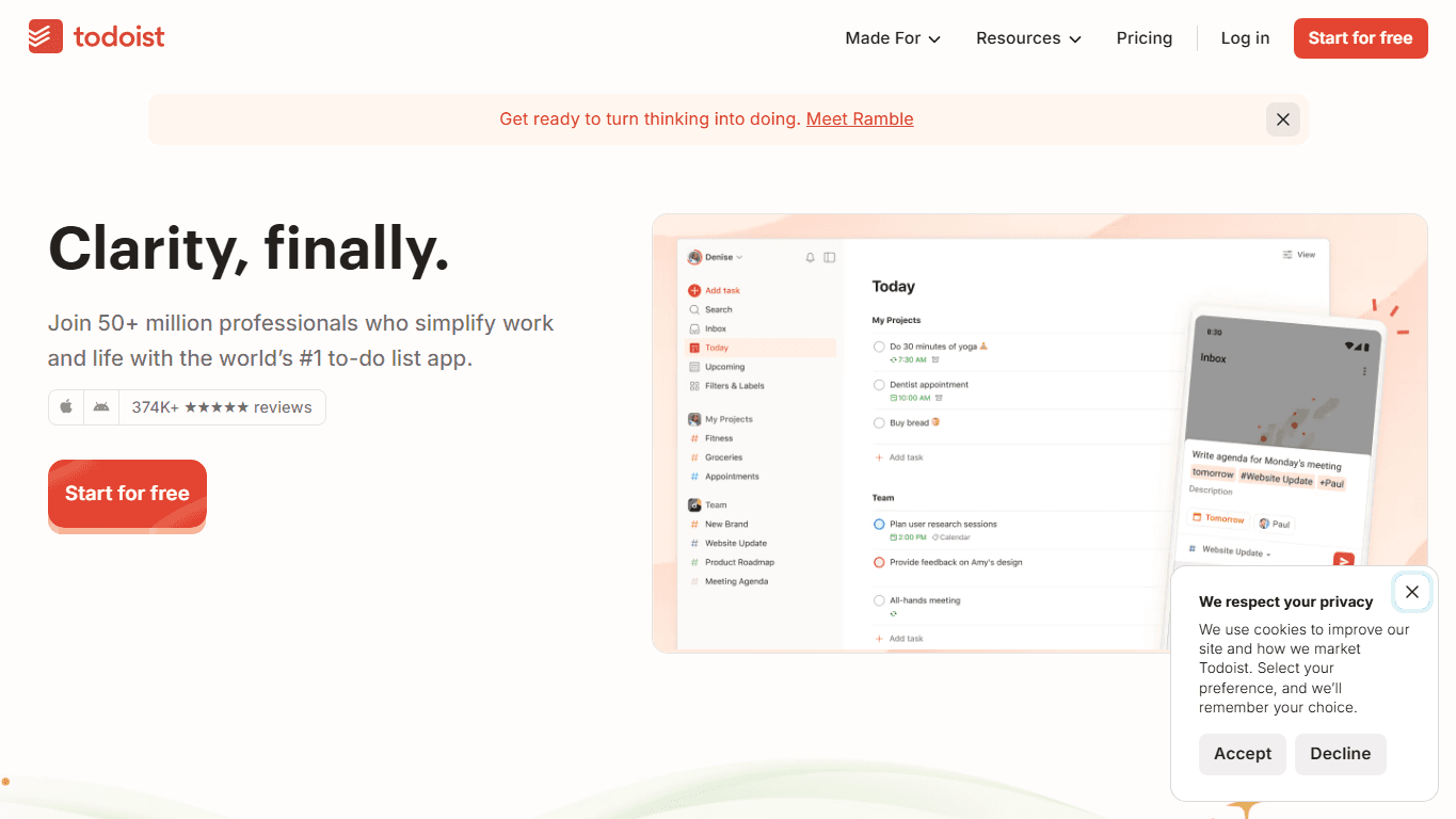 Todoist homepage screenshot of the official website interface