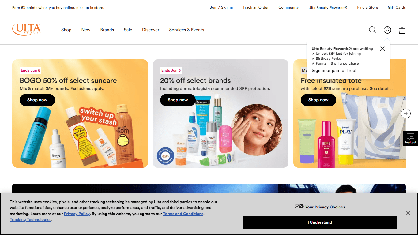 Ulta Beauty homepage screenshot of the official website interface