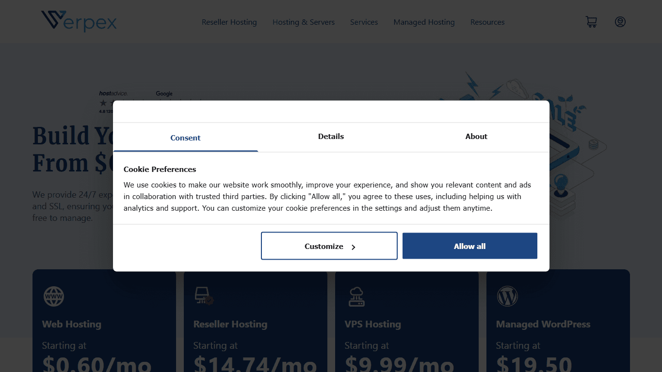 Verpex homepage screenshot of the official website interface