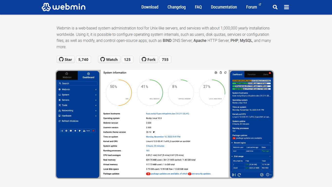 Webmin homepage screenshot of the official website interface