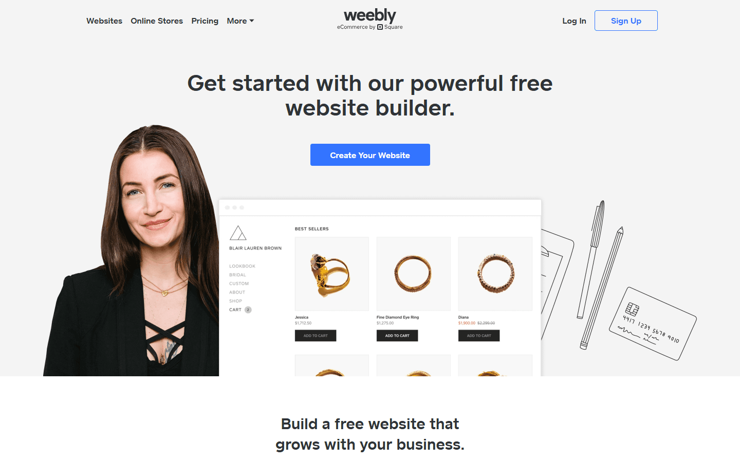 Weebly homepage screenshot showing a free website builder headline, create your website button, and sample online store preview.