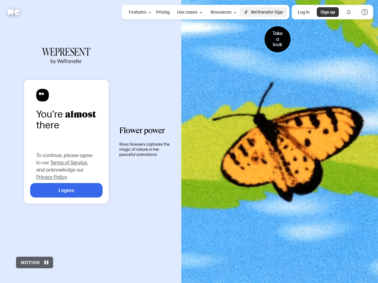 WeTransfer homepage screenshot showing large file transfer tools for sending, sharing, and downloading creative files online.