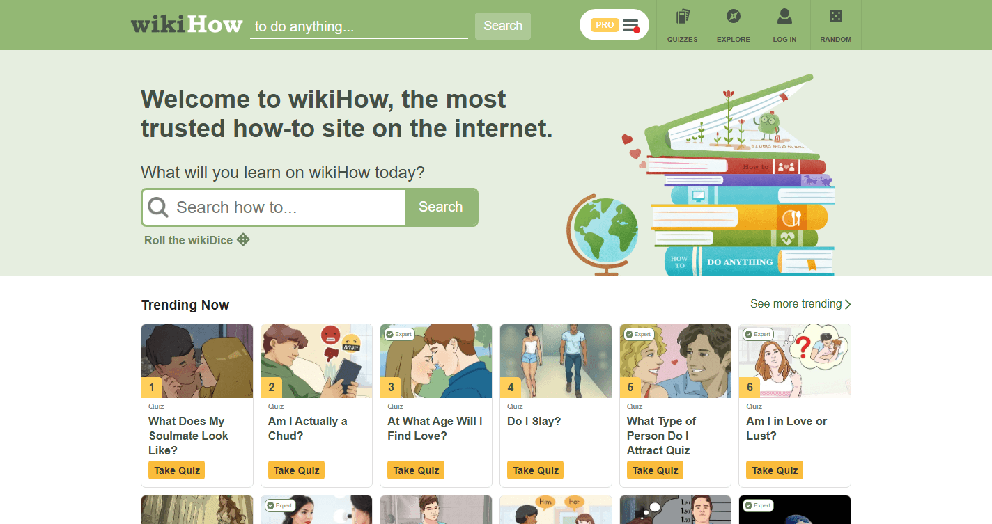 wikiHow homepage screenshot showing the welcome headline, how-to search box, navigation, and trending article cards.