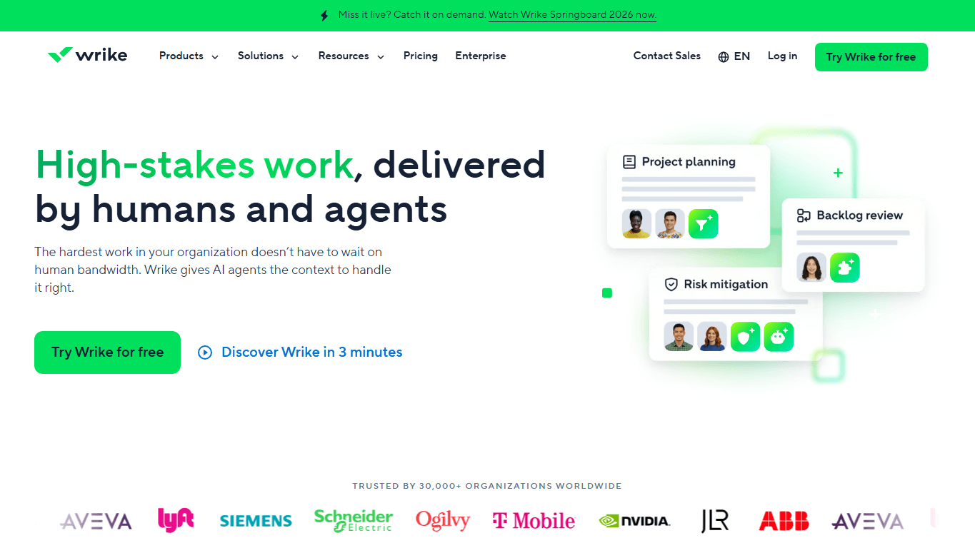 Wrike homepage screenshot of the official website interface