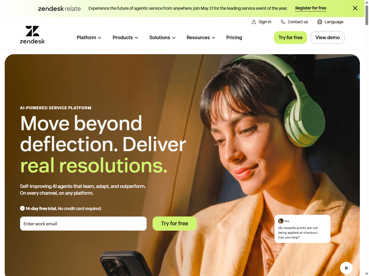 Zendesk homepage screenshot showing customer service software messaging for support teams, AI agents, tickets, and help centers.