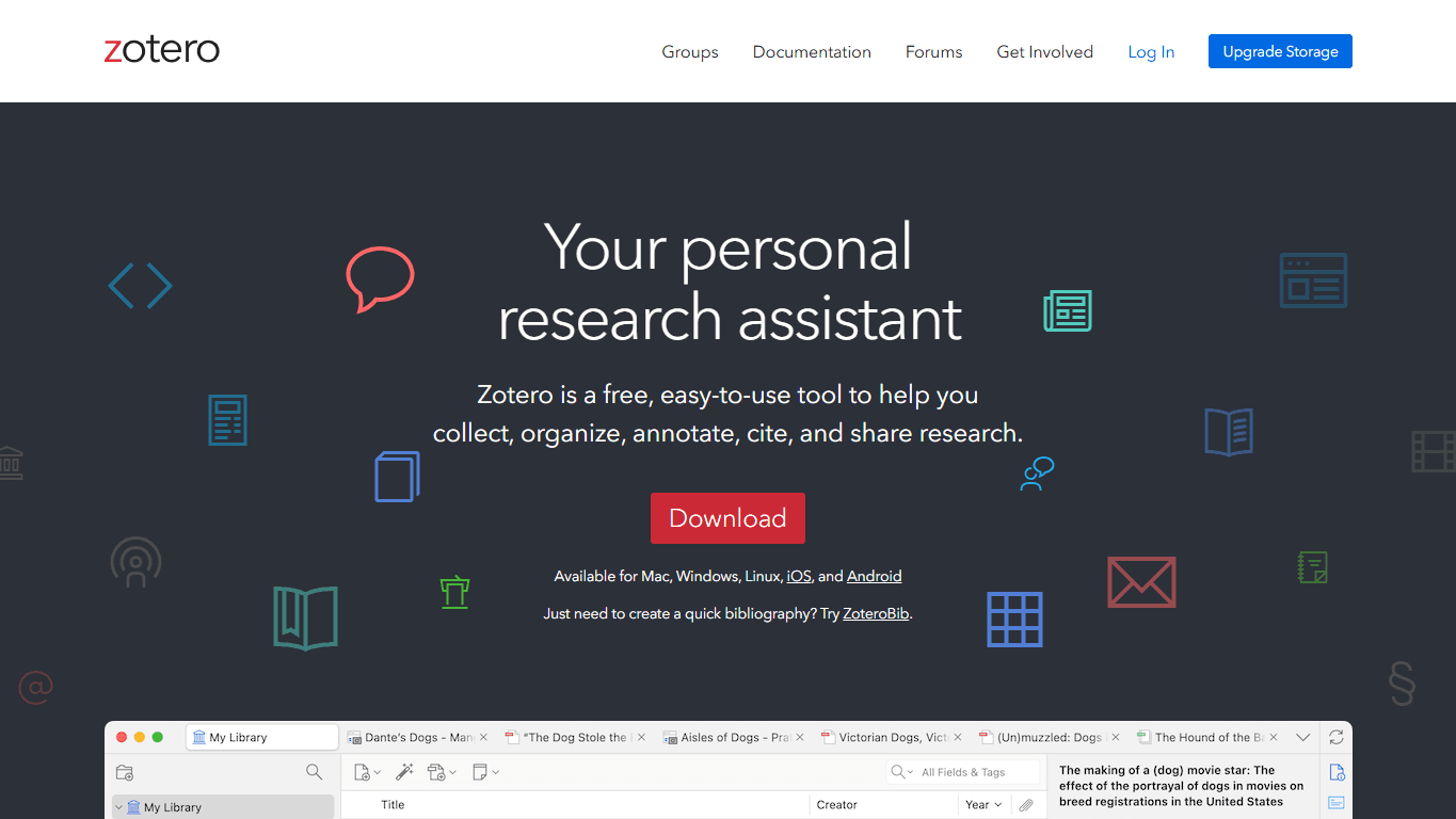 Zotero homepage screenshot of the official website interface