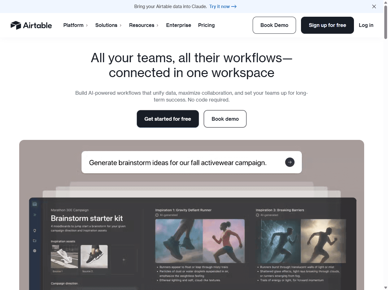 Airtable homepage screenshot showing a no-code app platform for databases, workflows, collaboration, and business operations.