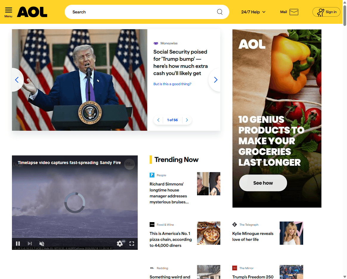 AOL Search homepage screenshot showing the AOL Search logo, search box, and search category navigation.