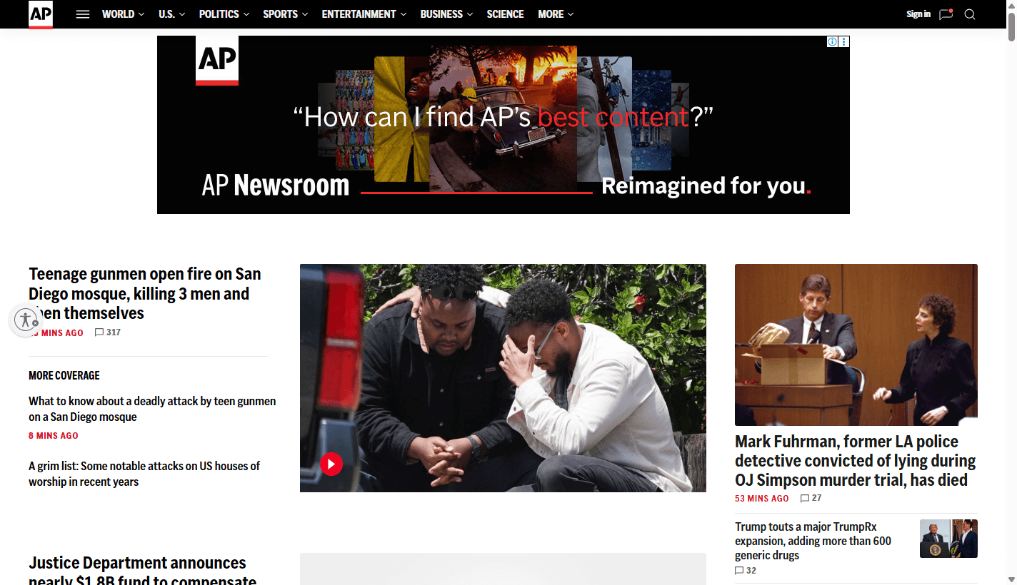 AP News homepage screenshot showing the AP logo, section navigation, AP Newsroom banner, lead story columns, article images, timestamps, and comment counts.
