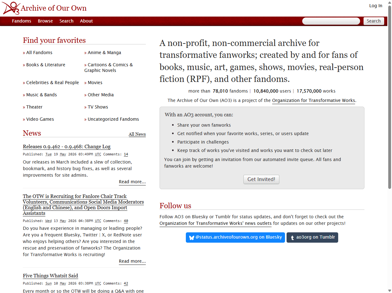 Archive of Our Own homepage screenshot showing fan fiction search, fandom browsing, user accounts, collections, and transformative works.