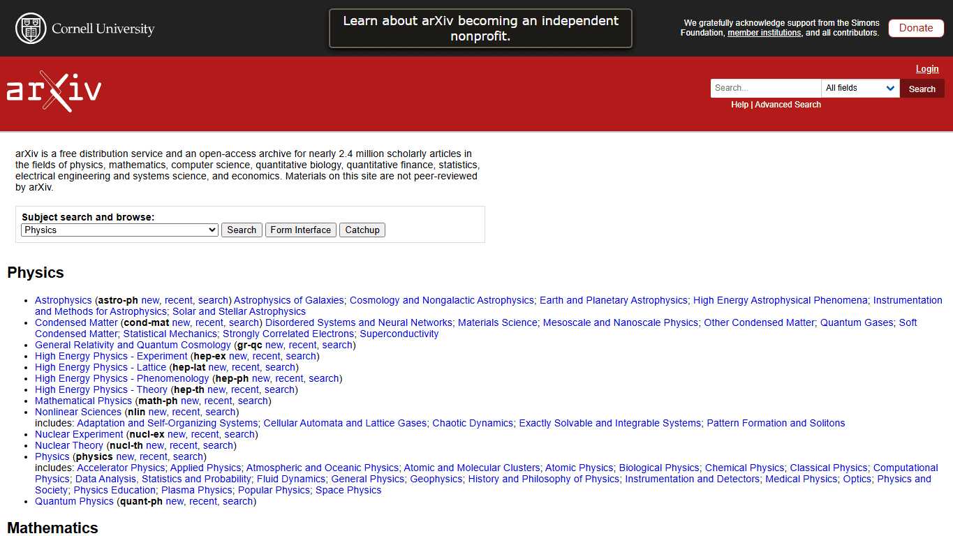 arXiv homepage screenshot showing open-access preprint search and scholarly paper categories