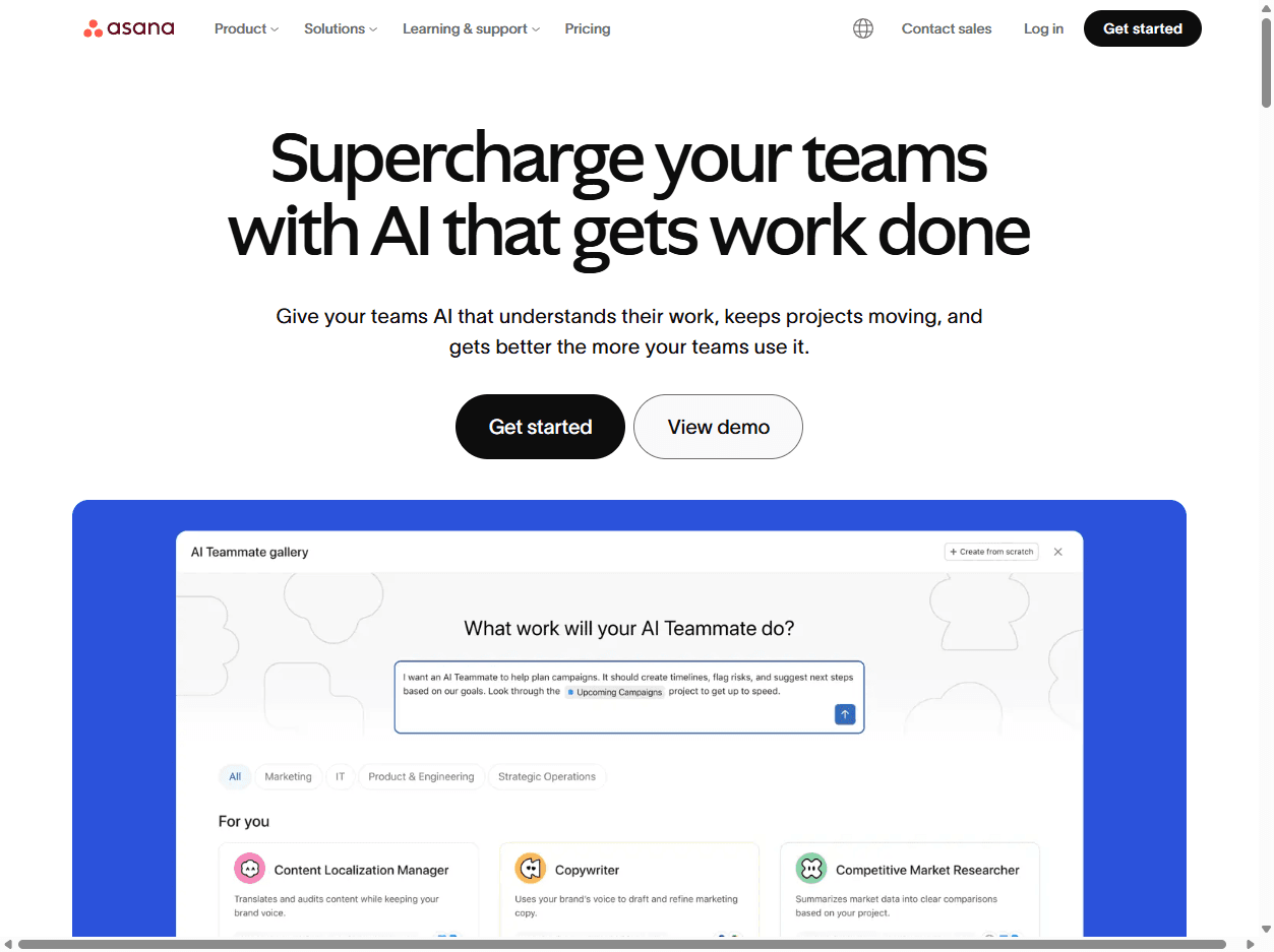 Asana homepage screenshot showing work management messaging and navigation for team projects, goals, and workflows.
