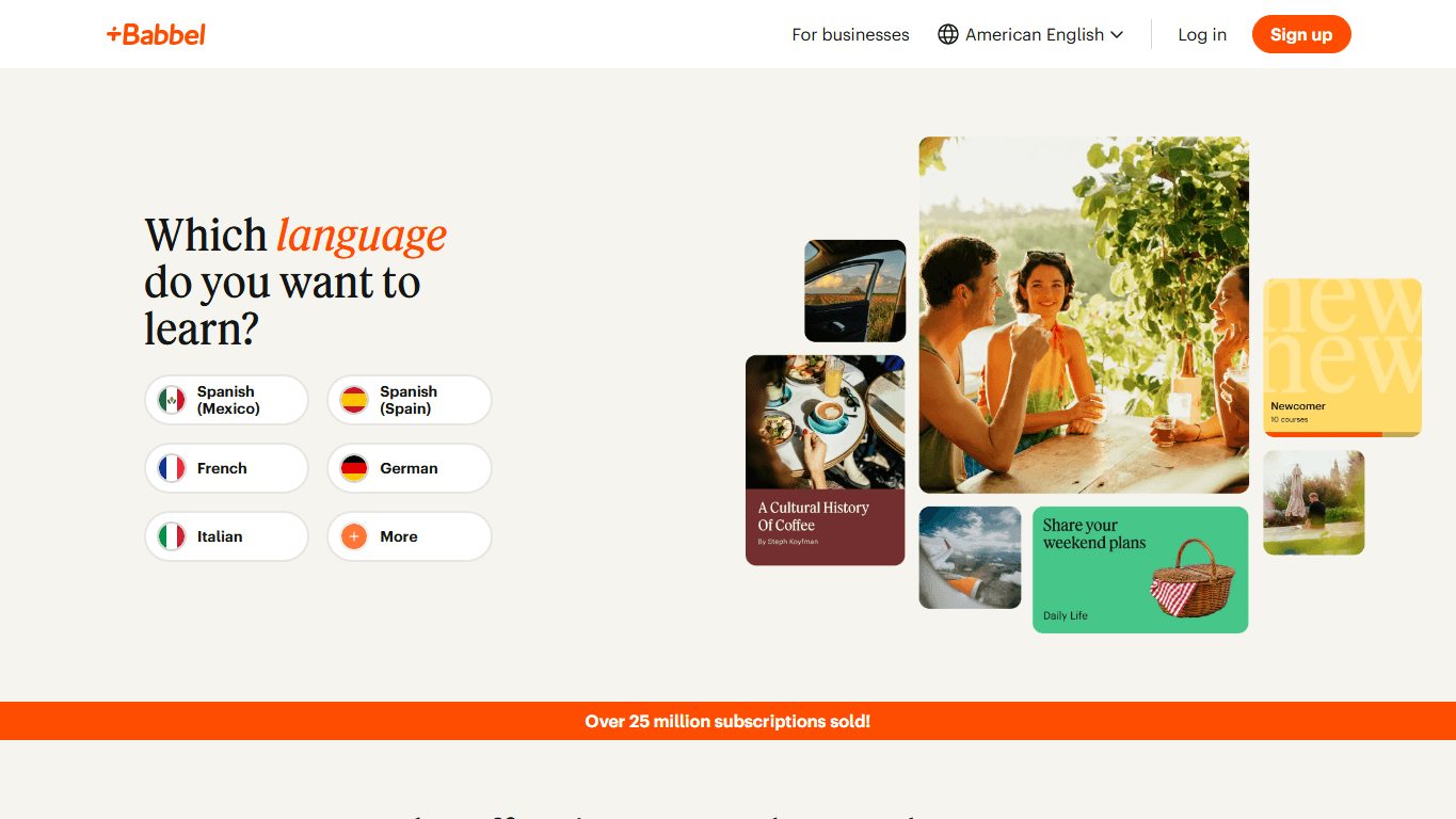 Babbel homepage screenshot showing online language courses, vocabulary, grammar, and pronunciation practice