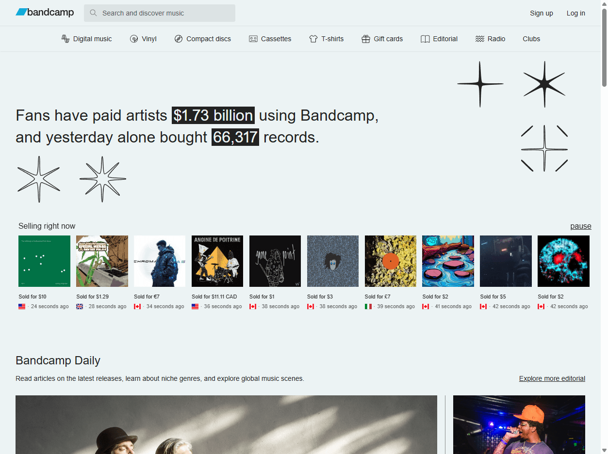 Bandcamp homepage screenshot showing music discovery, artist pages, albums, merchandise, fan collections, and independent music sales.