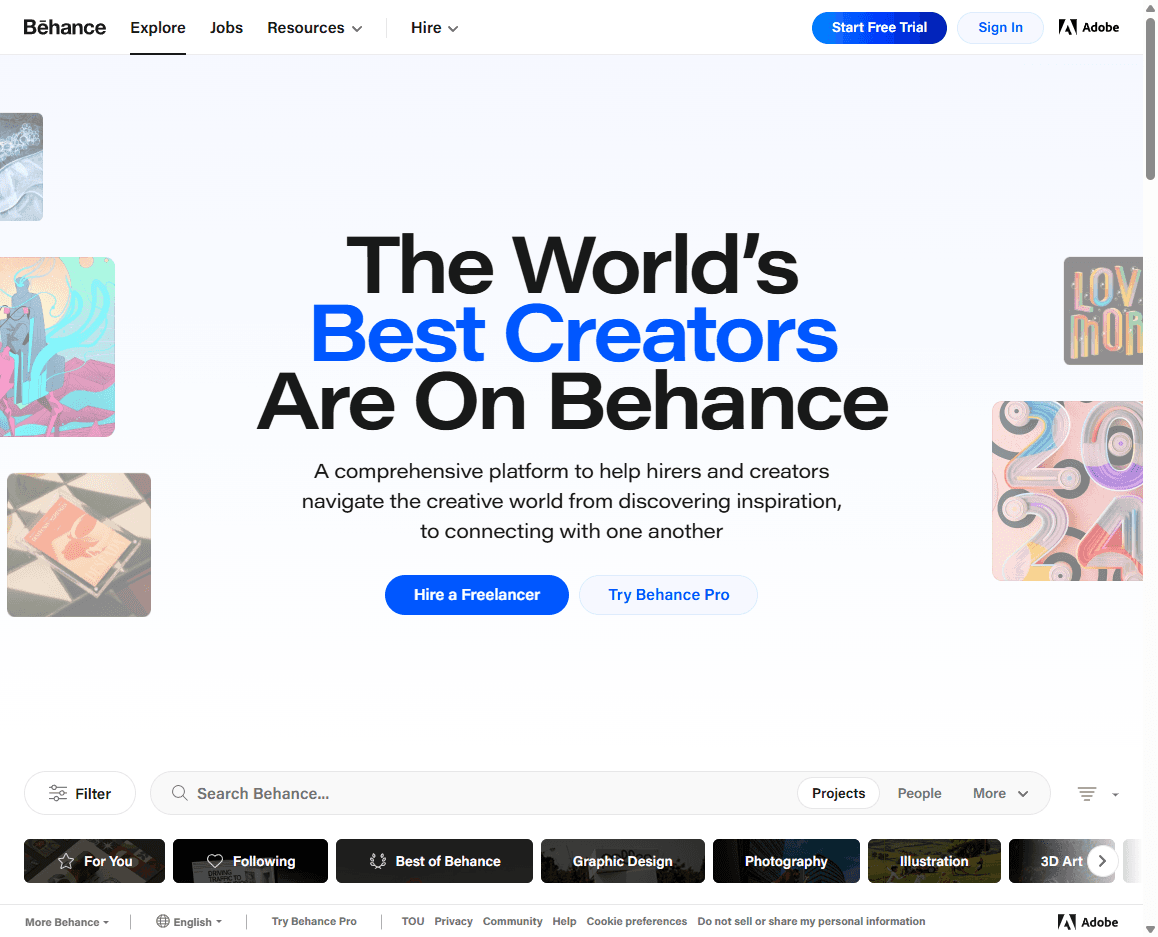 Behance homepage screenshot showing the creative portfolio platform, project search, and navigation.