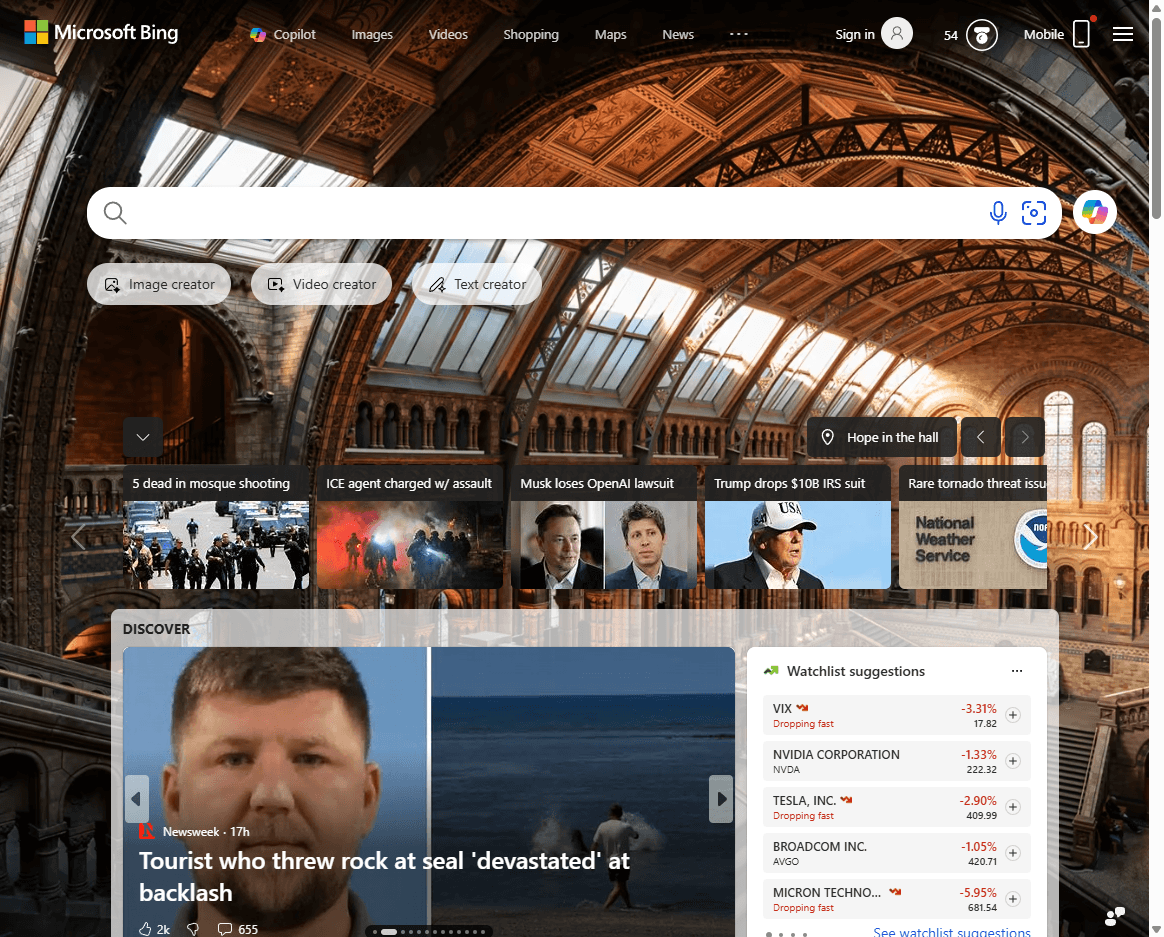 Bing homepage screenshot showing the search box, Microsoft Bing branding, and image-based landing page.