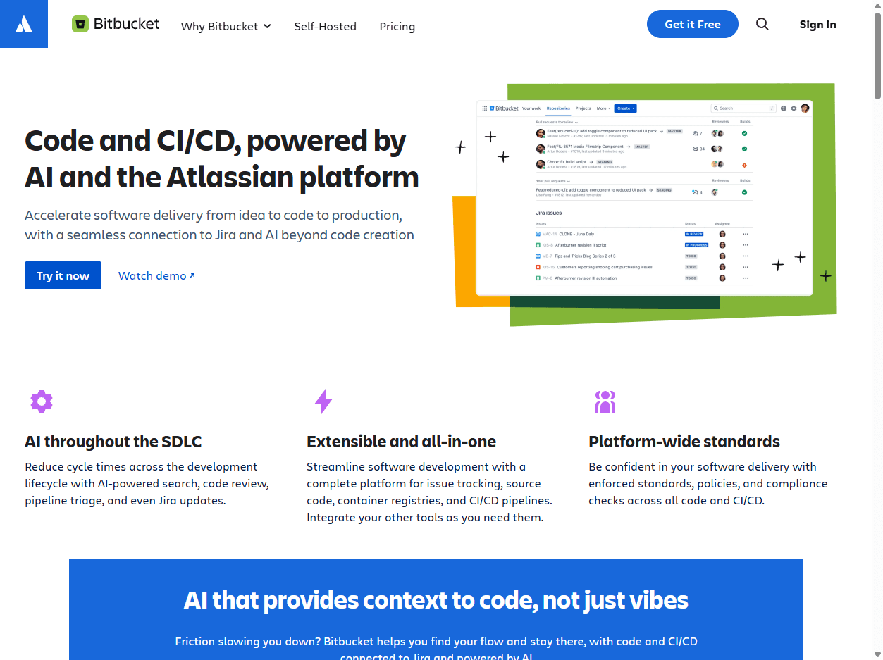 Bitbucket homepage screenshot showing Atlassian Git hosting, code review, and CI/CD messaging for software teams.