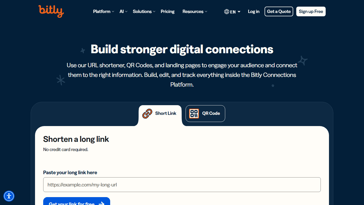 Bitly homepage screenshot showing the build stronger digital connections headline and a short-link creation form.