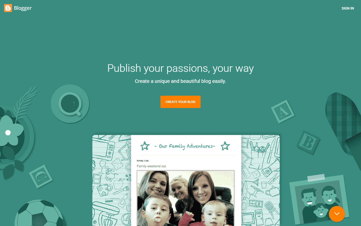 Screenshot of the Blogger homepage with a teal hero section and a create your blog button.